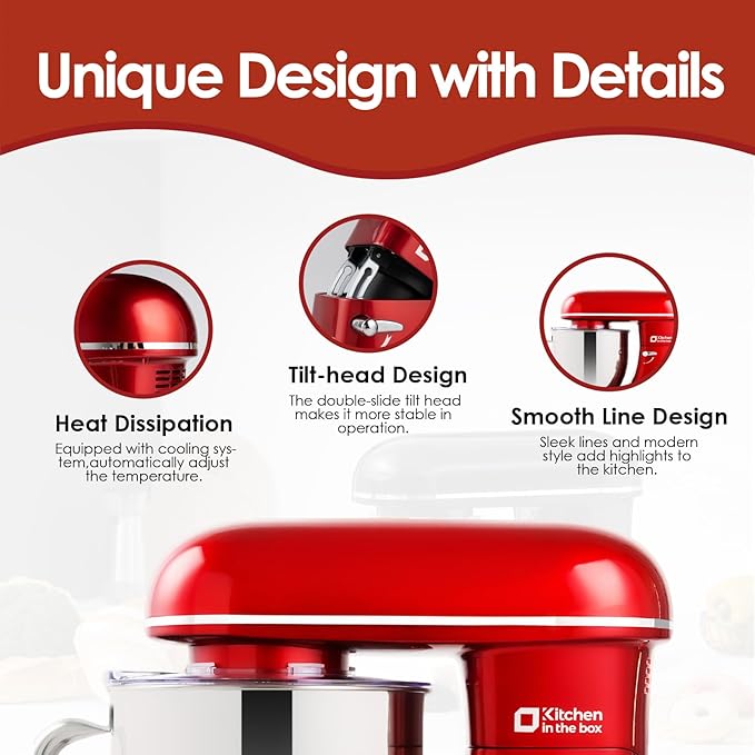 Kitchen in the box Stand Mixer - 6.5 Quart Mixing Bowl with Handle, 900 Watt Heavy Bread Dough Standing Mixers Tilt-head with Dough Hook, Whisk, Flat Beater and Splash Guard (Red)