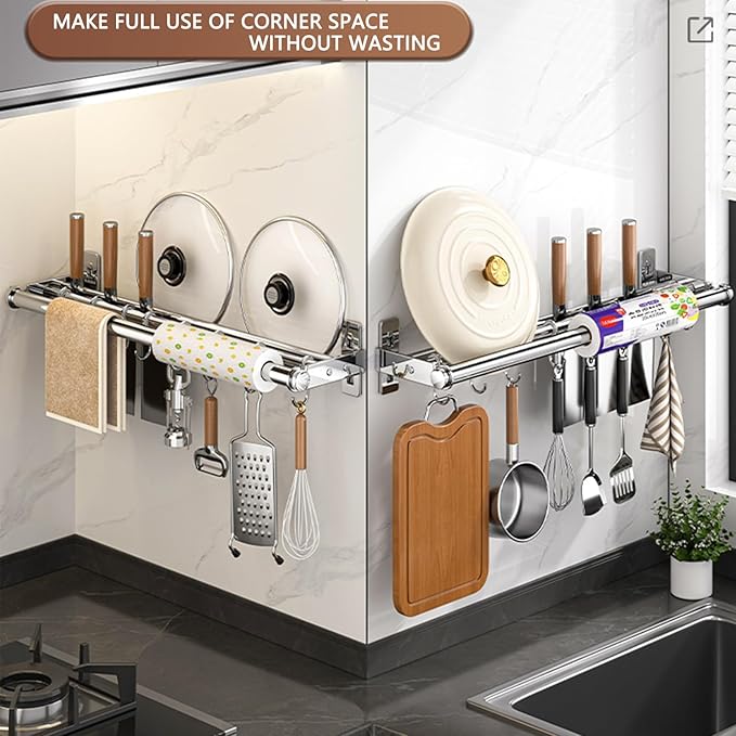 Hanging Wall Mount knife Wall Mount, Kitchen Organizer Storage Shelf for Utensils Spatula Spoon, Space-Saving Knife Rack with Hooks,Wall-Mounted Utensil Holder (Silver, 50CM+Single Pole+8Hooks)