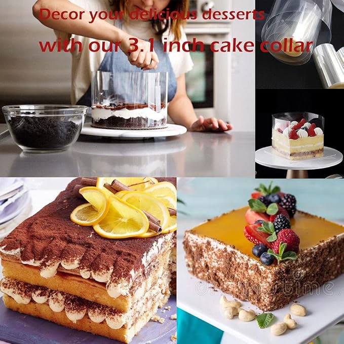 DATANYA 9Pack 3.15‘’ Cake Ring Molds with 3 Inch Cake Collars, Stainless Steel Food Rings Round & Square Cooking Ring Molds with Pressers, Transparent Acetate Sheet Cake Rolls for Baking Pastry
