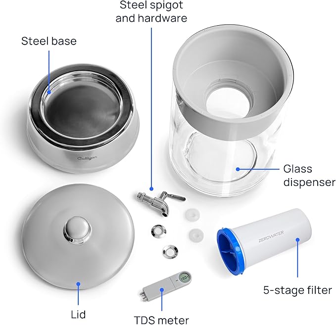 Culligan with ZeroWater Technology 40-Cup Glass Water Filter Dispenser – Includes 5-Stage Advanced Water Filter, Certified to Reduce Lead, Total PFAS (Forever Chemicals), Fluoride, and Chlorine