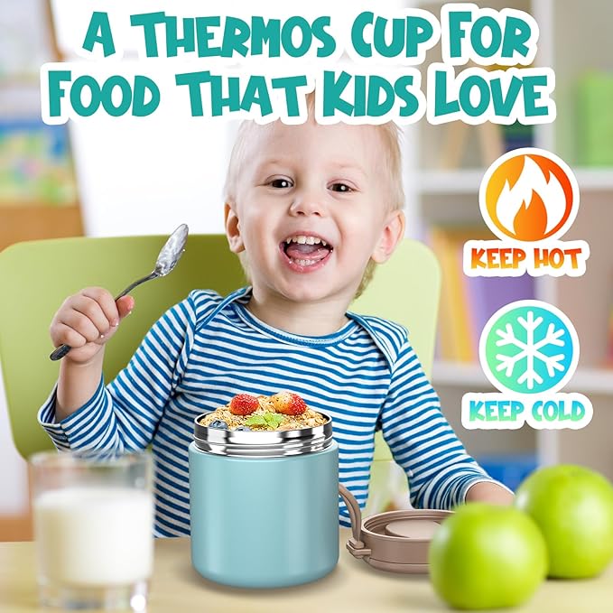 Insulated Food Jar for Kids - 15.2 Oz, Thermo for Hot Food, Soup Thermo, Insulated Food Container, Termos Para Comida Caliente, Width Mouth Stainless Steel Lunch Box with Spoon, Green