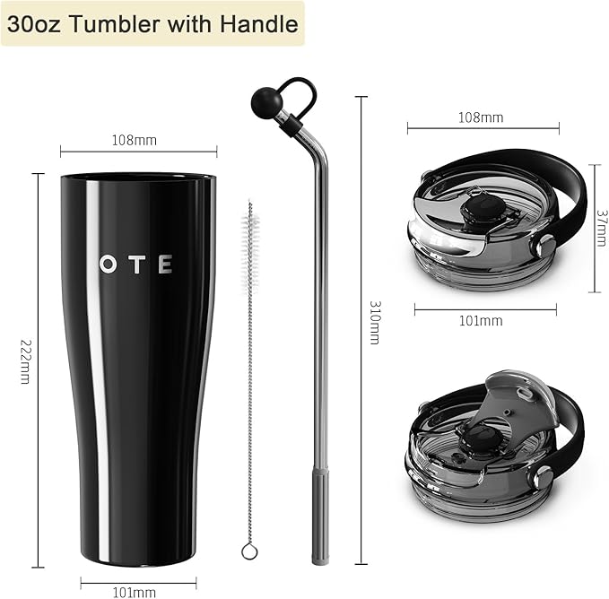 OTE 30OZ Tumbler with Handle, 316 Stainless Steel Water Bottle with Straw, 800ML Vacuum Insulated Bottle, Insulated Travel Mug, Tumbler for Office or Home, Cup Holder Friendly, Keep Hot/Cold (Beige)