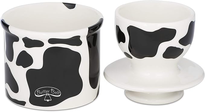 Butter Bell - The Original Butter Bell crock by L Tremain, a Countertop French Ceramic Butter Dish Keeper for Spreadable Butter, Cow Pattern, Black & White