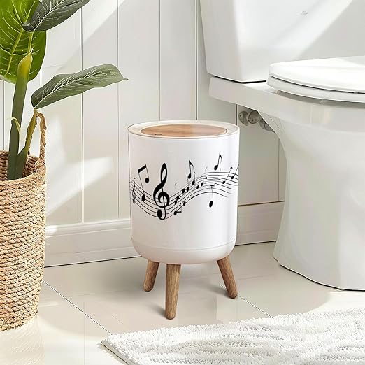 Trash Can with Lid Musical notes stave line symbols for staff music key note theme Treble Press Top Round Small Garbage Bin with Wooden Legs Waste Basket for Kitchen Bedroom Nursery 7L/1.8 Gallon