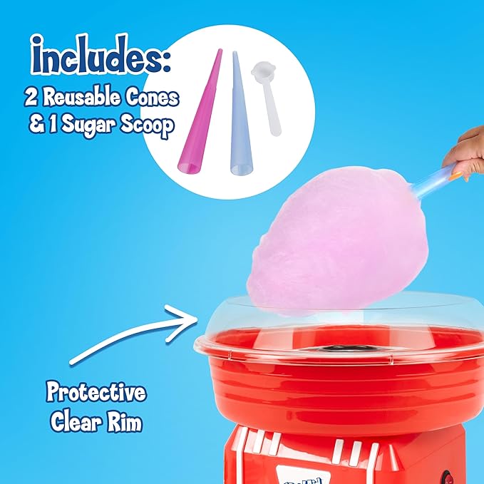 Kool-Aid Cotton Candy Machine - Fun Cotton Candy Machine for Kids with 2 Reusable Cones, 1 Sugar Scoop, and 1 Extractor Head – Red