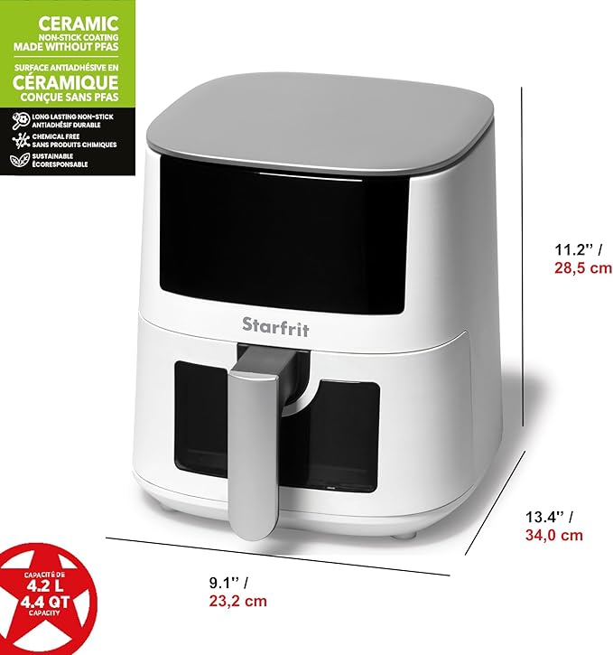 Starfrit Electric Digital Air Fryer - 4.2L Capacity - Ceramic Non-Stick Surface - 8 Preset Functions - Viewing Window -1400W