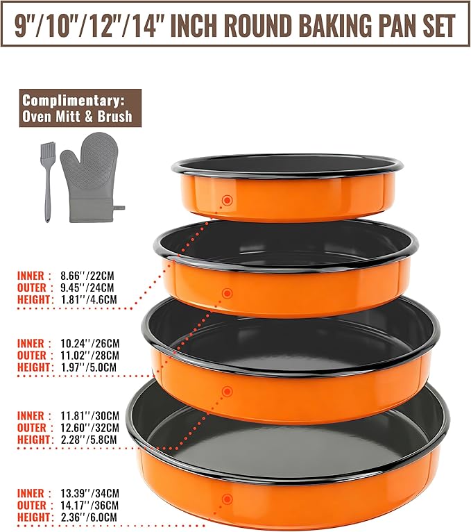 Round Enamel Roasting Pan Set Bakeware 4 Pack Cake Pizza Baking Dish 9/10/12/14 Inch Non-Stick Heat Resistance Chicken Roaster Oven Dishwasher Safe, Birthday Mother Day Gift Cookware
