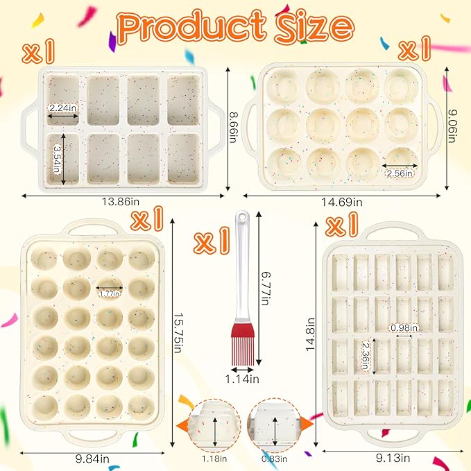 4 Pcs Silicone Cupcake Pan Set with Metal Reinforced Frame, Regular 12/Mini 24 Cup Nonstick Mini Muffin Pan and 8/24 Cavity Mini Loaf Pan, Silicone Muffin Tray Molds for Baking Egg Bite Bread