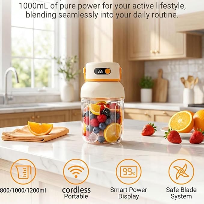 Portable Electric Juicer Cup with Zero Cord Hassle, Leakproof USB-C Rechargeable with Dual Lid Design, Personal Portable Juicer Blender for Gym, Office, Travel and Outdoors (1000ml/33.81oz)