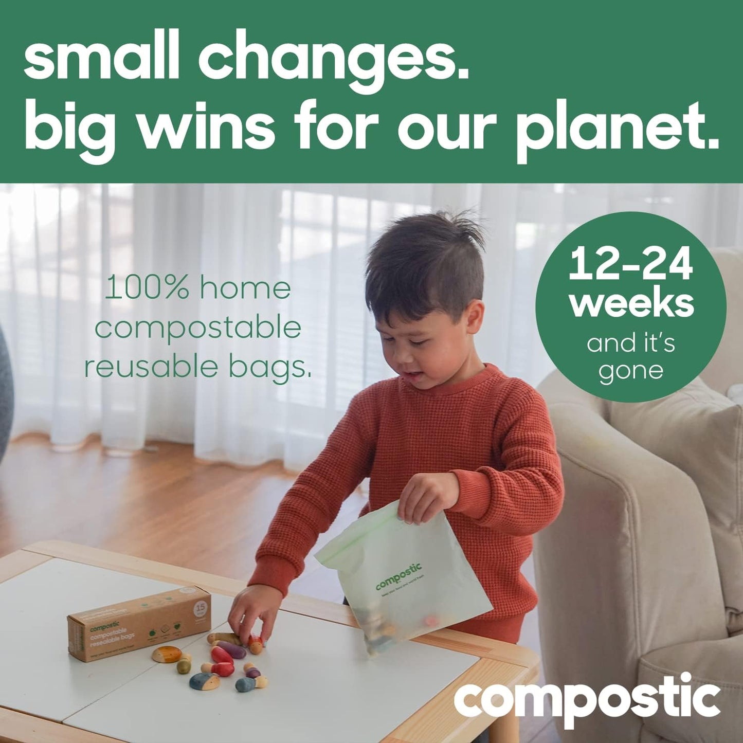 Compostic Home Compostable Resealable Sandwich Bags (7"x7"), Microwave & Freezer Safe, Organic Food Storage Container, 100 Count (Pack of 2)