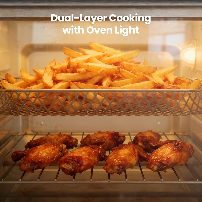 Kismile 25QT Air Fryer Toaster Oven Combo, 12-in-1 Large Countertop Convection Airfryer Oven, 70–450℉, Bake, Roast, Reheat, Broil, Fits 12″ Pizza, Includes Full Accessories, Stainless Steel(Black)