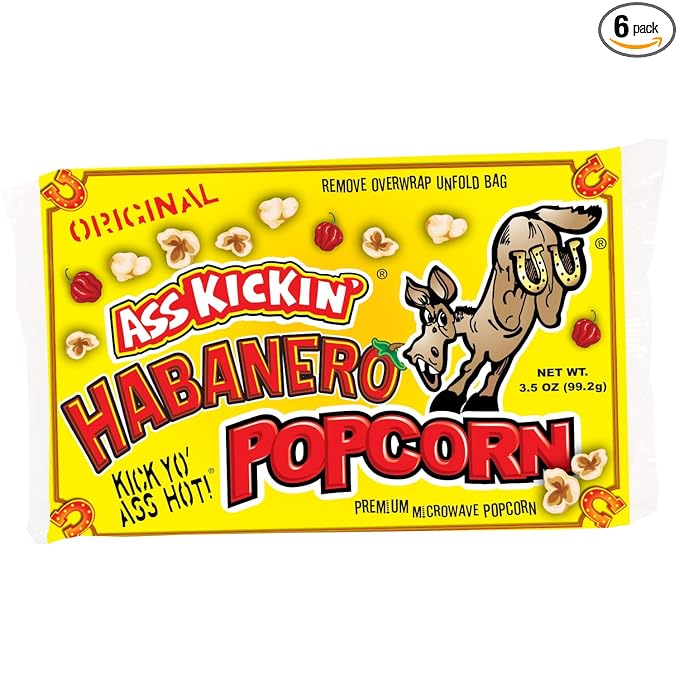 ASS KICKIN' Habanero Microwave Popcorn Bags - 6 Pack - Ultimate Spicy Popcorn Gourmet Gift - Makes a Great Movie Theater Popcorn or Snack Food for Movie Night