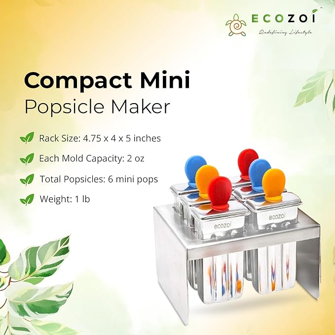 Ecozoi Stainless Steel Popsicle Molds, 6 Mini Popsicle Makers, 6 Reusable Stainless Steel Sticks, 12 Silicone Seals and 1 Rack, Eco Popsicle Molds for Kids and Adults, 2 oz Per Mold (Square)