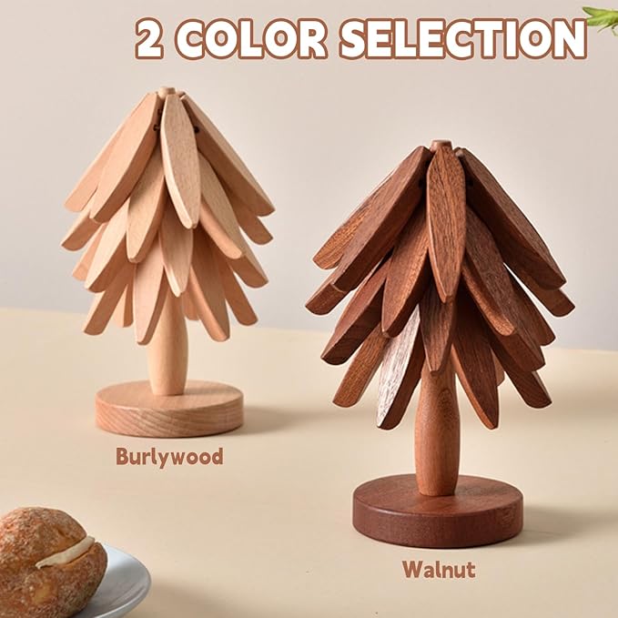 Natural Foldable Black Walnut Wooden Trivet Set - 4 Trivets + 1 Stand for Hot Dishes, Pot, Bowl, Teapot, Hot Pot Holders(Beech)