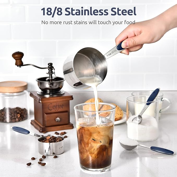 U-Taste 18/8 Stainless Steel Measuring Cups and Spoons Set of 10, and 18/8 Stainless Steel Square Measuring Spoons Set of 8 (Midnight Blue+Silver)