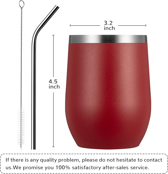 MEWAY 12oz/4 Pack Wine Tumbler Glasses with Lid - Stemless Double Wall Vacuum Stainless Steel Travel Tumbler - Keeping Cold & Hot for Wine,Coffee,Cocktails,Drinks-Family and Gifts (Red,Set of 4)