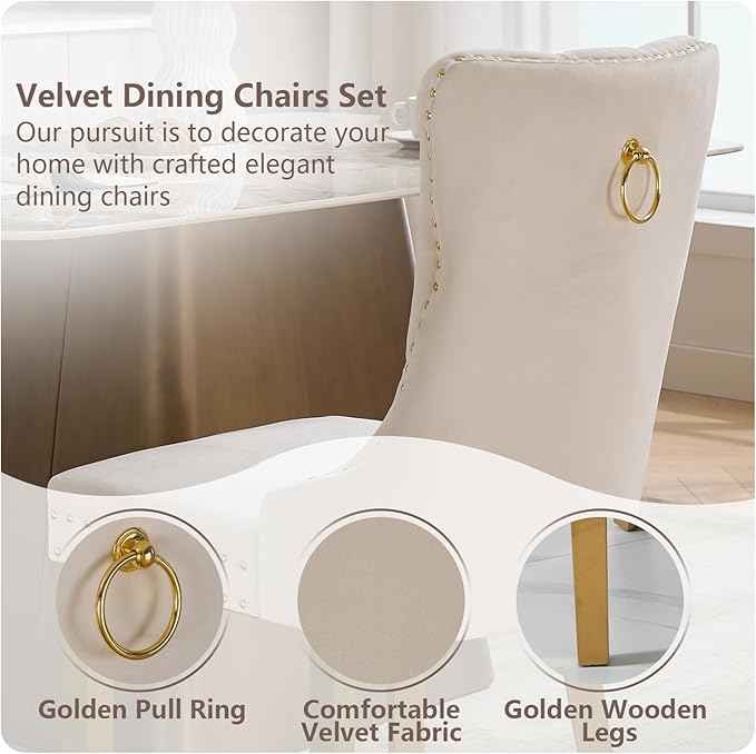 Velvet Dining Chairs Set of 2, Kitchen & Dining Room Chairs, Upholstered Dining Chairs with Back Ring Pull and Golden Solid Wood Legs, Modern Tufted Kitchen Chairs for Dining Room, Cream