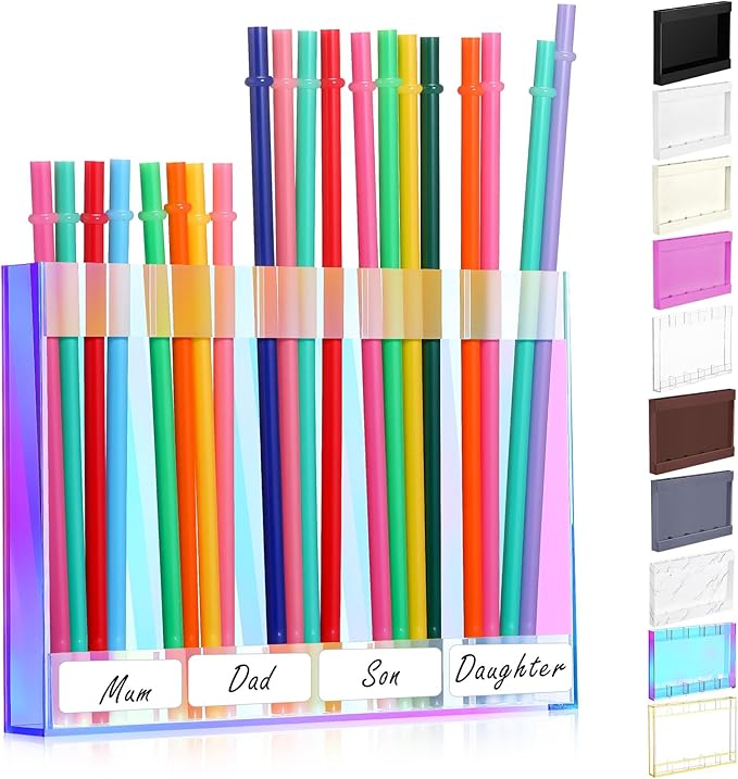 Qinyoung Acrylic Straw Holder for Cabinet Door with Double Sided Adhesive Tape Reusable Straw Organizer Tumbler Storage Kitchen Accessories Container for Counter Cupboard(Classic,Large,Iridescent)