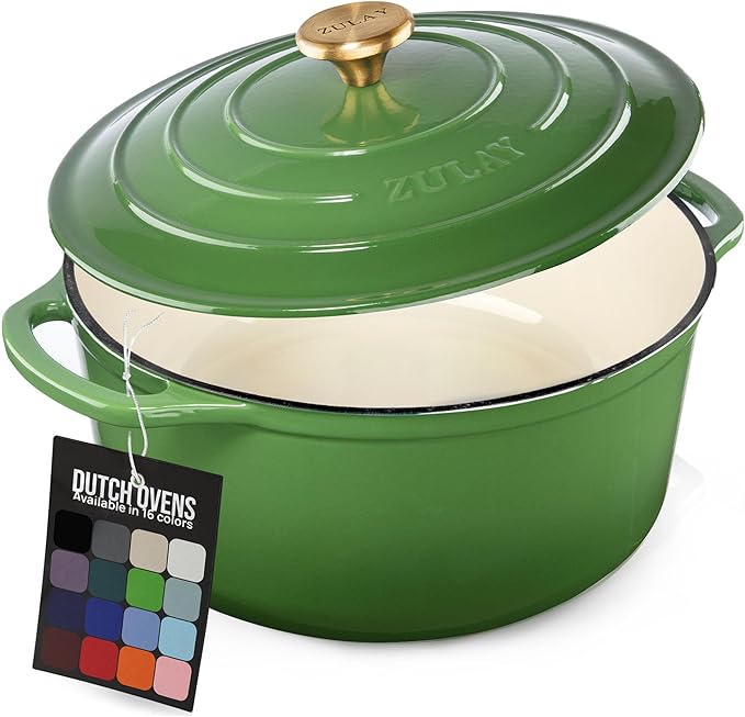 Zulay Kitchen 7.7 Quart Enameled Cast Iron Dutch Oven Pot with Lid – Premium Durability & Oven Safe up to 500°F – Heavy Duty Cookware Perfect for Bread Baking, Stews, Braising & Roasting – Green