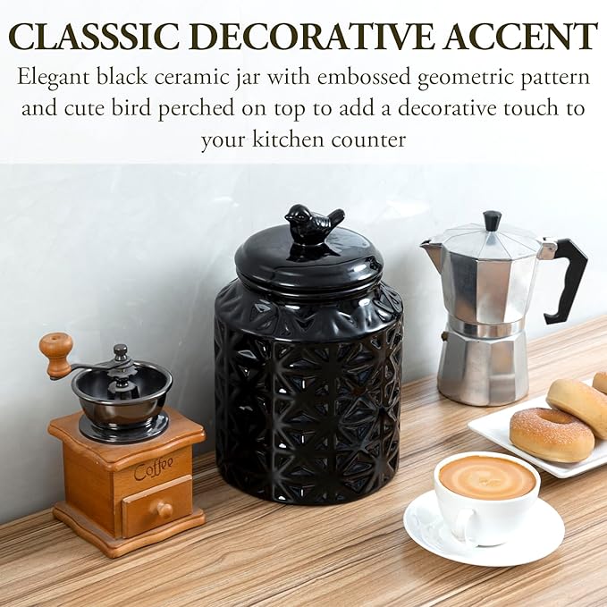 MyGift 6 Inch Round Black Ceramic Cookie Jar with Airtight Lid and Bird Shape Top Handle, Vintage Style Kitchen Canister with Embossed Geometric Star Pattern