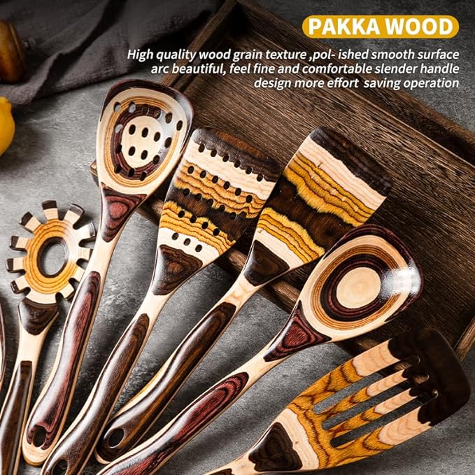 Gudamaye 7-Piece Brown Pakkawood Utensils Set – Sturdy, Eco-Friendly, Wooden Spoons for cooking, Wooden Utensil for cooking, Wooden Kitchen Tool, Home & Kitchen Gifts for Men and Women