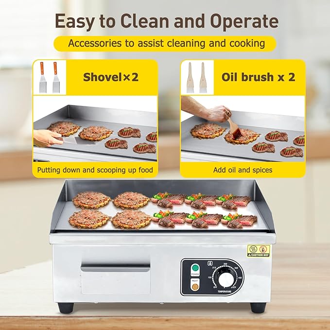 1600W 22" Half Flat Top Electric Griddle – Commercial-Grade Stainless Steel, Adjustable Temp, 2 Shovels/Brushes & Plug Included