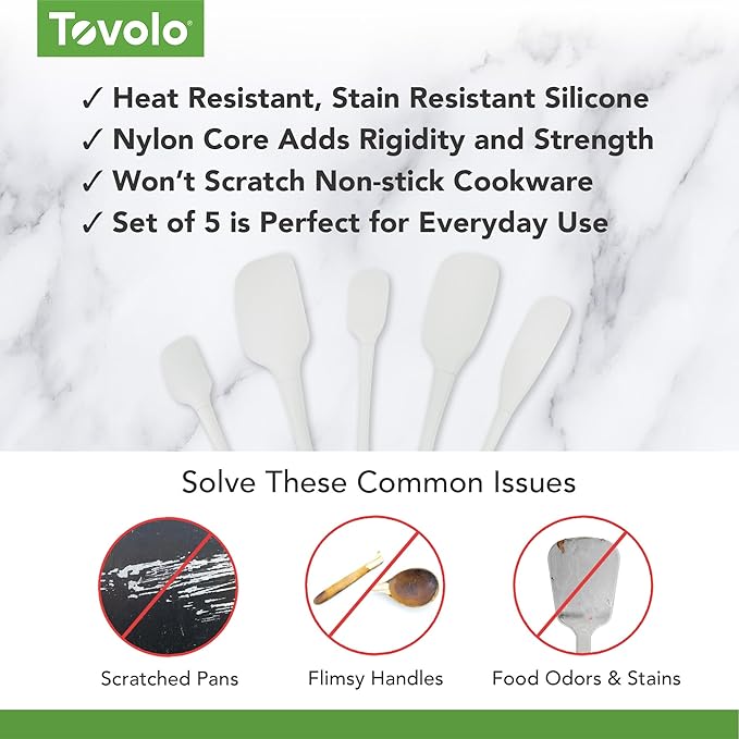 Tovolo Flex Core 5 Piece Silicone Spatula Set Heat Resistant All Silicone Utensils Include Non Stick Spatula Spoonula Jar Scraper, Dishwasher Safe BPA Free Spatulas for Baking Mixing, White