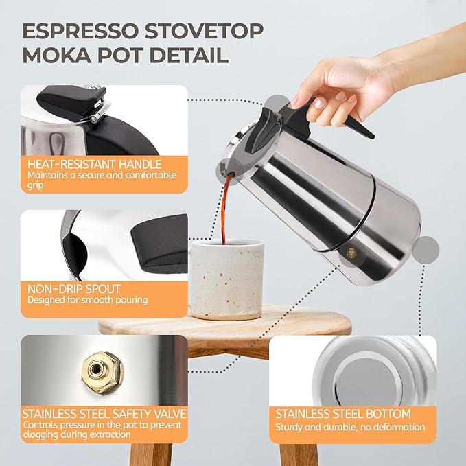 12 Cup 600ml Moka Pot Stainless Steel Espresso Coffee Maker Stovetop Coffeemaker Italian Classic Style Brewing Greca Cafe Mocha Machine for Cafeteras Lover Camping Travel and Home Use 20oz