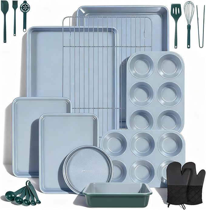 Ammeloo 22-Piece Baking Pans Set Stackable Bakeware Non Stick Baking Set Non Toxic Oven Pans, Including Roasting Pan, Cookie Sheets, Muffin Pans, Cake Pans, Oven Mitt and Utensils(Gray & Hunter Green)