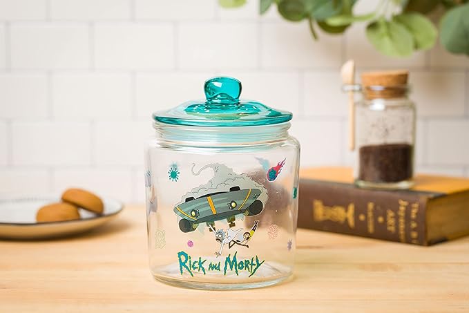 Silver Buffalo Rick and Morty Falling Out of Ship Glass Cookie Snack Candy Jar with Lid (Small)
