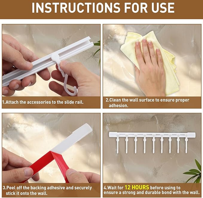 Kitchen Utensil Hanging Rack - Hooks for Kitchen Utensils, No Drilling Wall Mounted Utensils Holder, Kitchen Rail Rack with 10 Hooks Hanger for Bedroom Bathroom (Pack of 4)