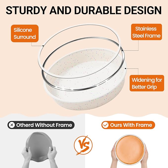 SJ 10 Inch Silicone Round Cake Pan with Metal Reinforced Frame Set of 3, Nonstick Silicone Cake Mold for Baking Suitable for Making Layers, Cheese & Chocolate Cakes