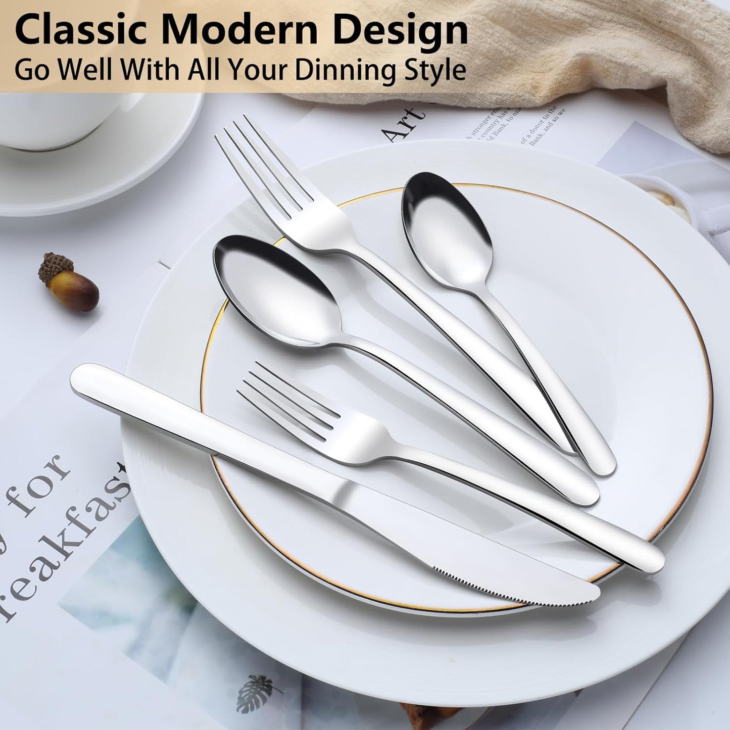 Pleafind 65-Pieces Silverware Set for 12 with 5 Serving Utensils,Stainless Steel Cutlery Set, Include Forks Spoons and Knives Set, Mirror Polished Utensil Sets for Home Restaurant,Dishwasher Safe