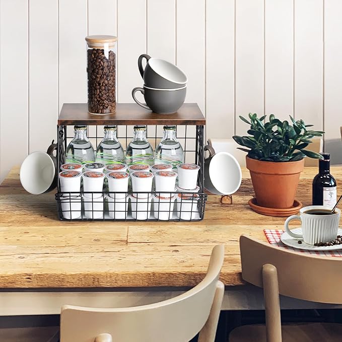 Wawocs Fruit Basket for Kitchen Counter, Fruit Bowl Stackable Wall Mounted Hanging Fruit Basket Wire Basket with Wood Lid with Banana Hanger Hooks, Onion,Potato,Fruit and Vegetable Storage