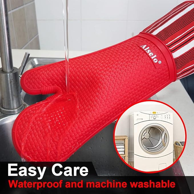 Alselo Silicone Oven Mitts Heat Resistant 550 Degree, Extra Long Kitchen Mittens with Non-Slip and Waterproof Pot Holders for Baking Cooking Barbecue Microwave Machine Washable(Extra Long red, 2)
