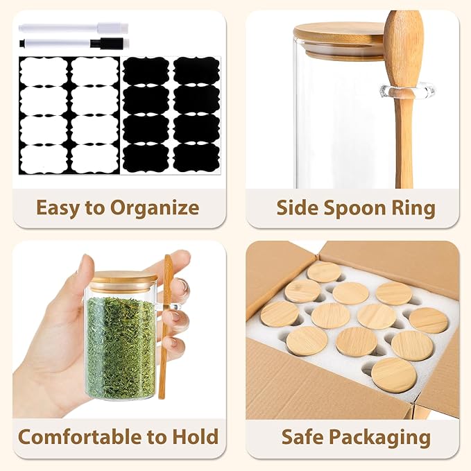 TBWIND 12 Pack 8 oz Round Glass Spice Jars with Lids and Spoons – Airtight Small Spice Containers Set with Labels, Clear Glass Storage Jars for Seasoning, Spices, Kitchen Pantry Organization
