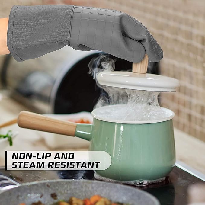 BPA-Free Soft Silicone 4 Piece Oven Mitts & Pot Holders Set - Ultra Heat Resistant Oven Mitts with Thick Cotton Liner - Long Slip Resistant Pot Holders, Flexible Oven Gloves - Navy