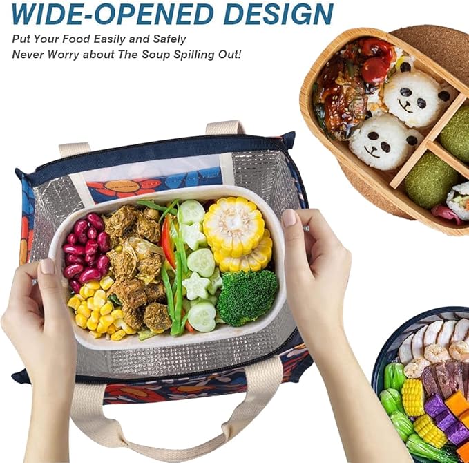 iknoe Insulated Lunch Bag for Women & Adults, 9L Foldable Wide-Open Cooler Bag with Pockets, Leakproof & Portable, for Picnic, Office, Beach(Blue flower)