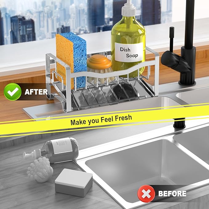 Maifan Stainless Steel Kitchen Sink Caddy Organizer with Auto Drain Tray, Sponge Holder for Countertop Storage Silver