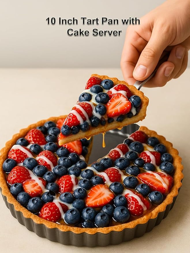 10 Inch Round Quiche Pans with Pie Server. Removable Bottom, Non-Stick Coating, Rugged Carbon Steel for Tart Quiche Pie Cake Baking. Gift for Women Wife Christmas Thanksgiving Party Festival