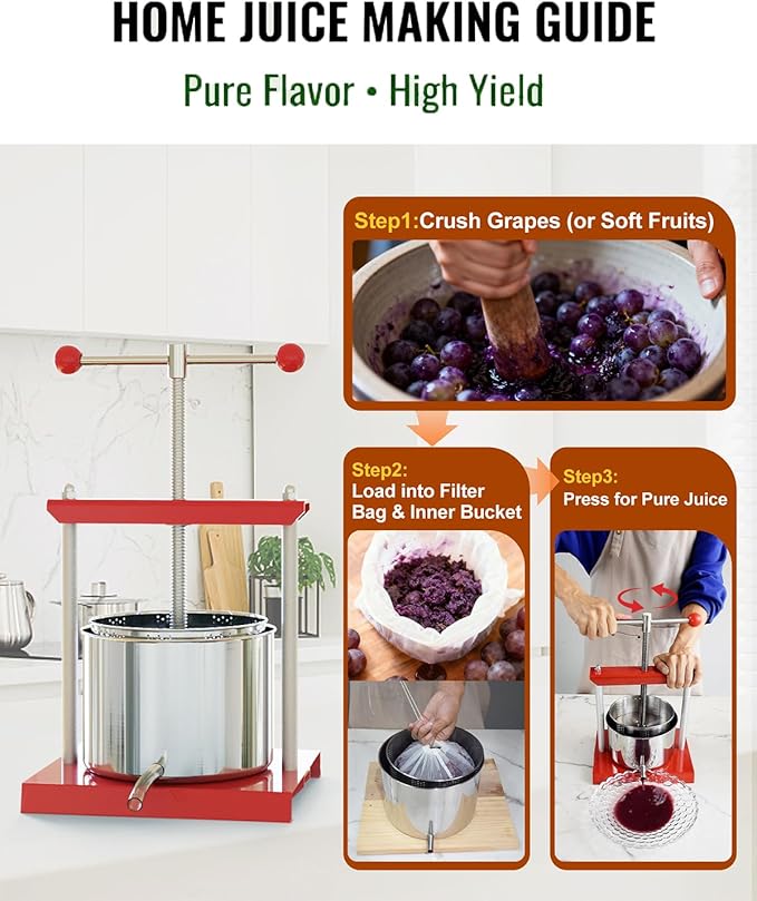 EJWOX 0.8 Gallon Manual Press - Stainless Steel Fruit & Vegetable Squeezer with Filter Bag - Upgraded 3L Capacity for Honey, Cheese, & Plant Infusions - Home Batch Soft Fruit Juicer & Herb Press