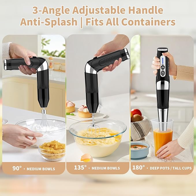 Toogel Cordless Immersion Blender, 4-in-1 Electric Hand Blender with 21-Speed & 3-Angle Adjust, USB Rechargeable, BPA-Free & Dishwasher Safe for Baby Food, Smoothies, Soup (Black)