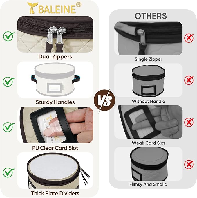 BALEINE China Storage Containers, Sturdy Quilted Wine Glass Storage, Plate Organizer with Carry Handles, Moving Boxes for Dishes, Cups, Mugs and Stemware (Plate Set, Soft Shell Cream)