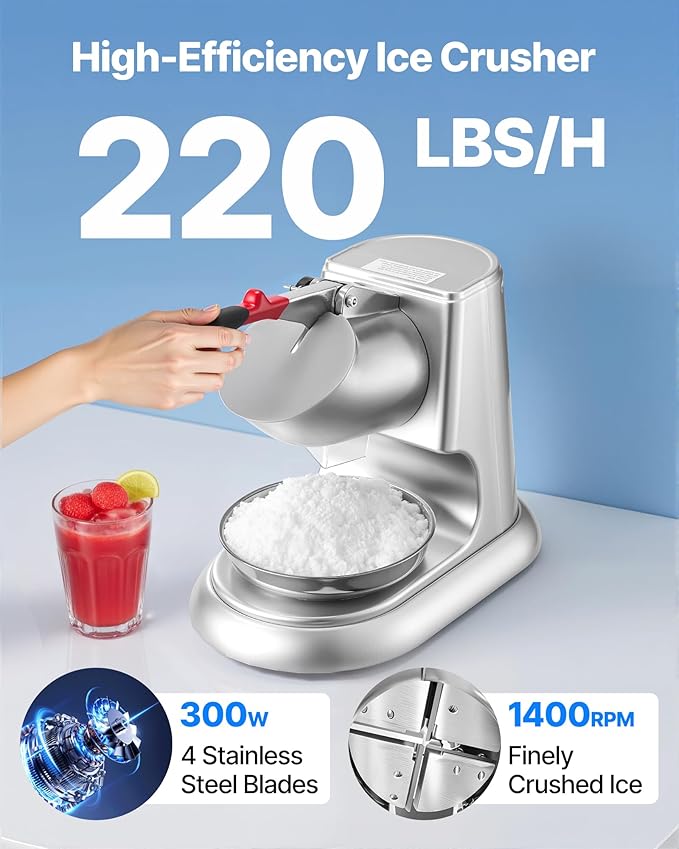 VEVOR Ice Crusher Machine, 220lbs Per Hour Electric 4 Blades Snow Cone Maker, Stainless Steel Shaved Ice Machine with Bowl and Cover, 300W 2000RPM Ice-Shaver for Home and Commercial Use, Silver