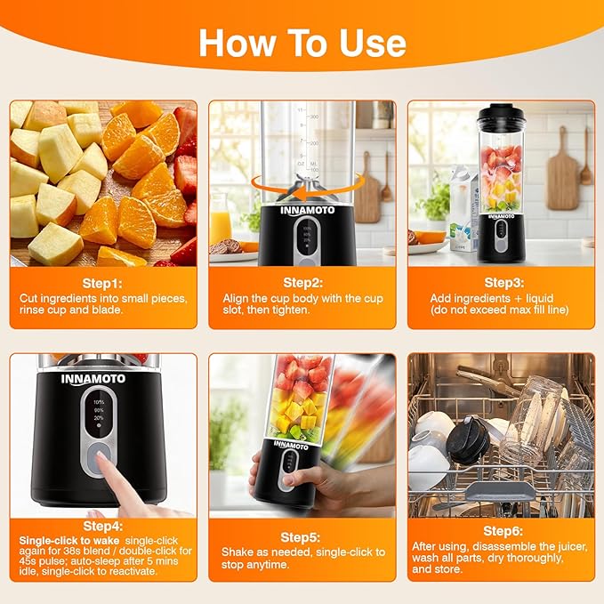 Portable Personal Size Mini Blender - 20oz Cordless Smoothies Blender Type-C Rechargeable, BPA-Free Juice Cup, Freshly Squeezed in Outside/Office/Gym