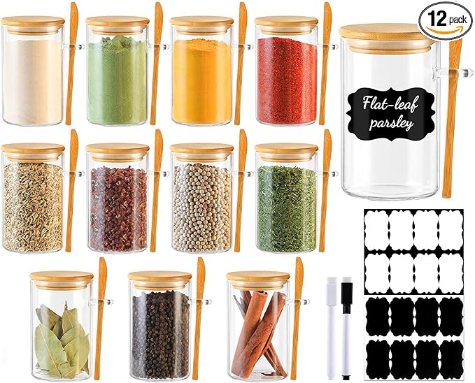 TBWIND 12 Pack 8 oz Round Glass Spice Jars with Lids and Spoons – Airtight Small Spice Containers Set with Labels, Clear Glass Storage Jars for Seasoning, Spices, Kitchen Pantry Organization