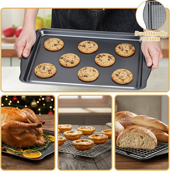 Baking Sheet with Cooling Rack - 17" x 11" x 0.5" Carbon Steel Cookie Sheet for Baking [1 Sheet + 1 Rack], Nonstick Baking Pan, Perfect for Baking, Roasting, and More