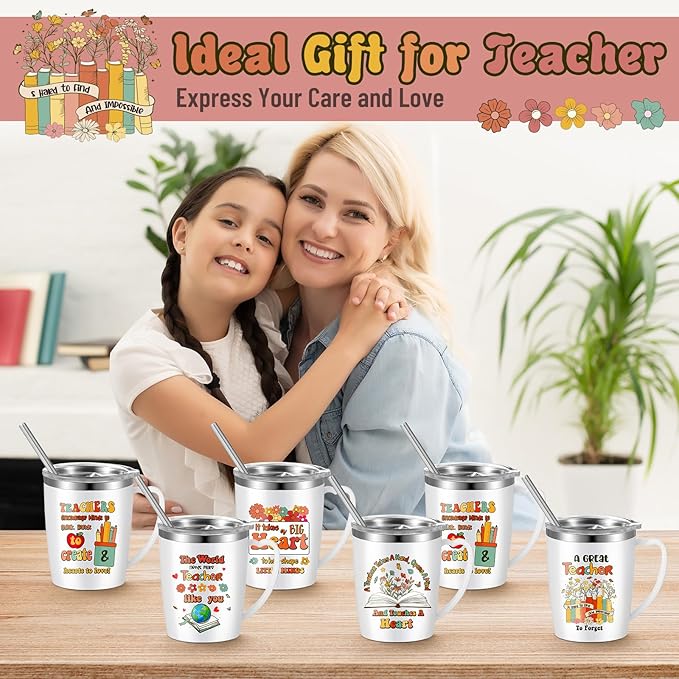 Maxcheck 6 Pcs Christmas Teacher Appreciation Gifts Mugs Bulk 16oz Thank You Teacher Stainless Steel Tumblers Inspirational Insulated Coffee Cups with Handle Lids Straw for Women Birthday Gifts
