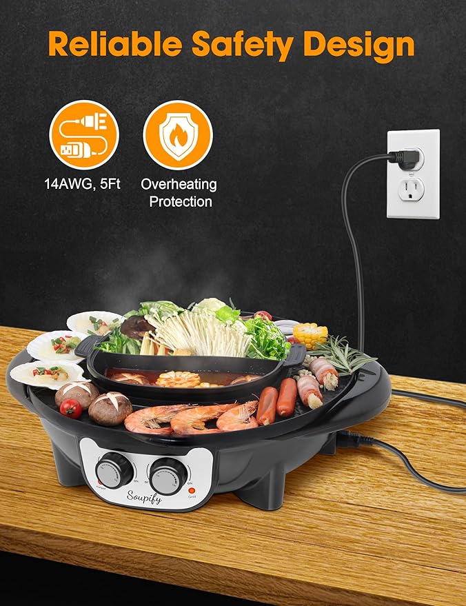 2 in 1 Hot Pot with Grill, Electric Korean BBQ Grill, Independent Dual Temperature Control & Non-stick Pan, Multi-function Smokeless Barbecue Grill for Family and Friends Gathering