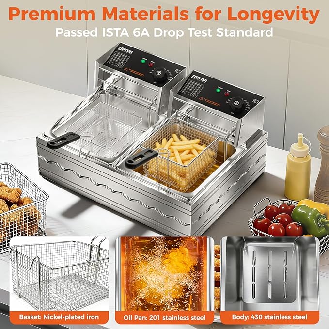 OSTBA Electric Deep Fryer with Basket, 20.7QT Large Commercial Deep Fryer, 3200W Stainless Steel Countertop Fryer with Adjustable Temperature 140–390℉, Removable Basket & Oil Tank